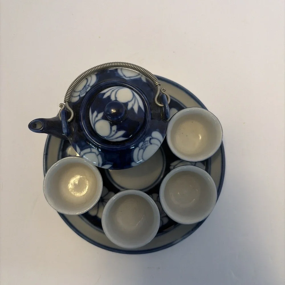 PhoMex Blue‎ Teapot Miniature Tea Set Saki Set of 7 Pieces Vietnam Vintage